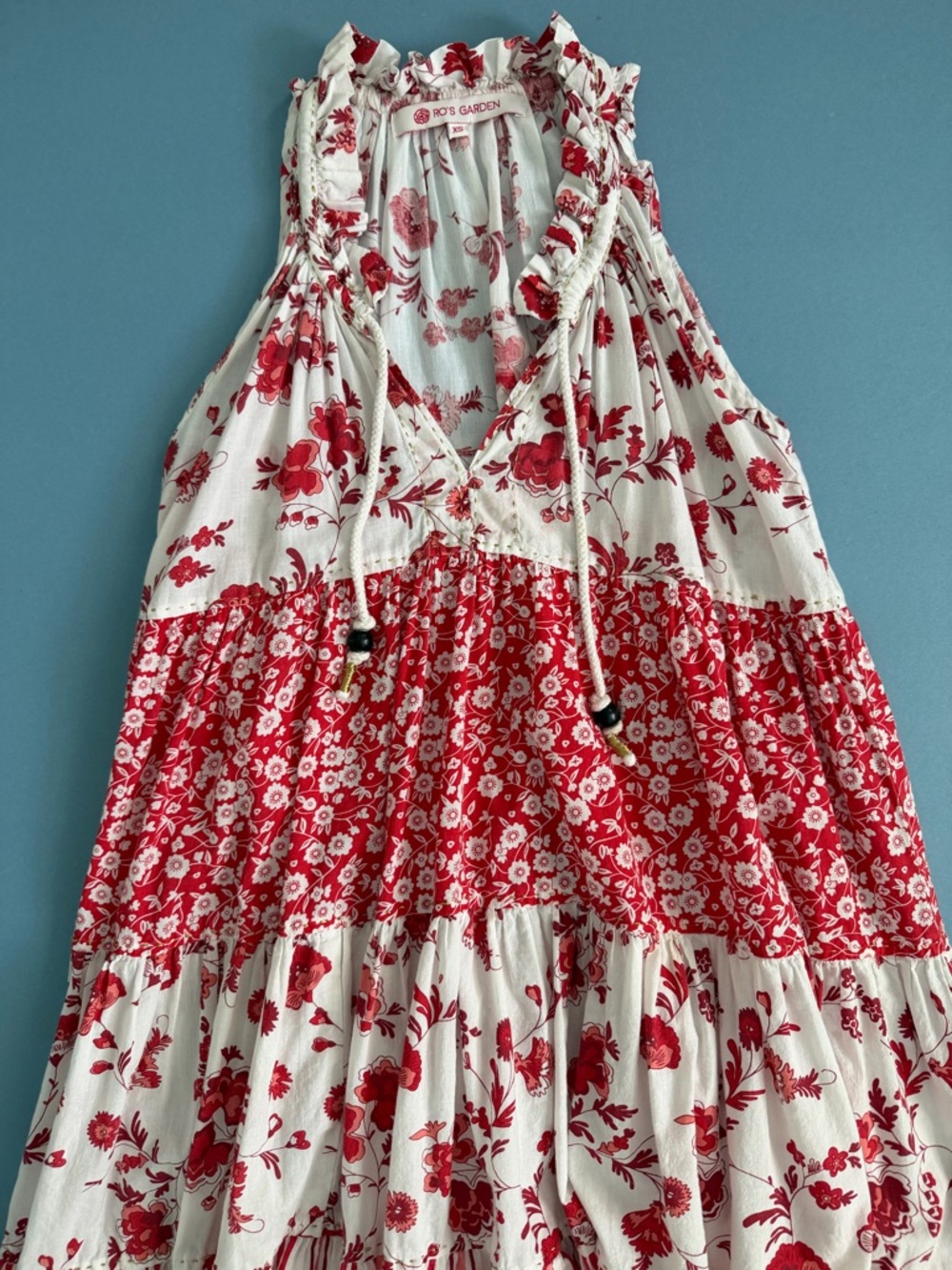 Ro’s Garden Anthro Sofia Red White Floral Sleeveless Tiered Boho Mini Dress - Picture 4 of 6